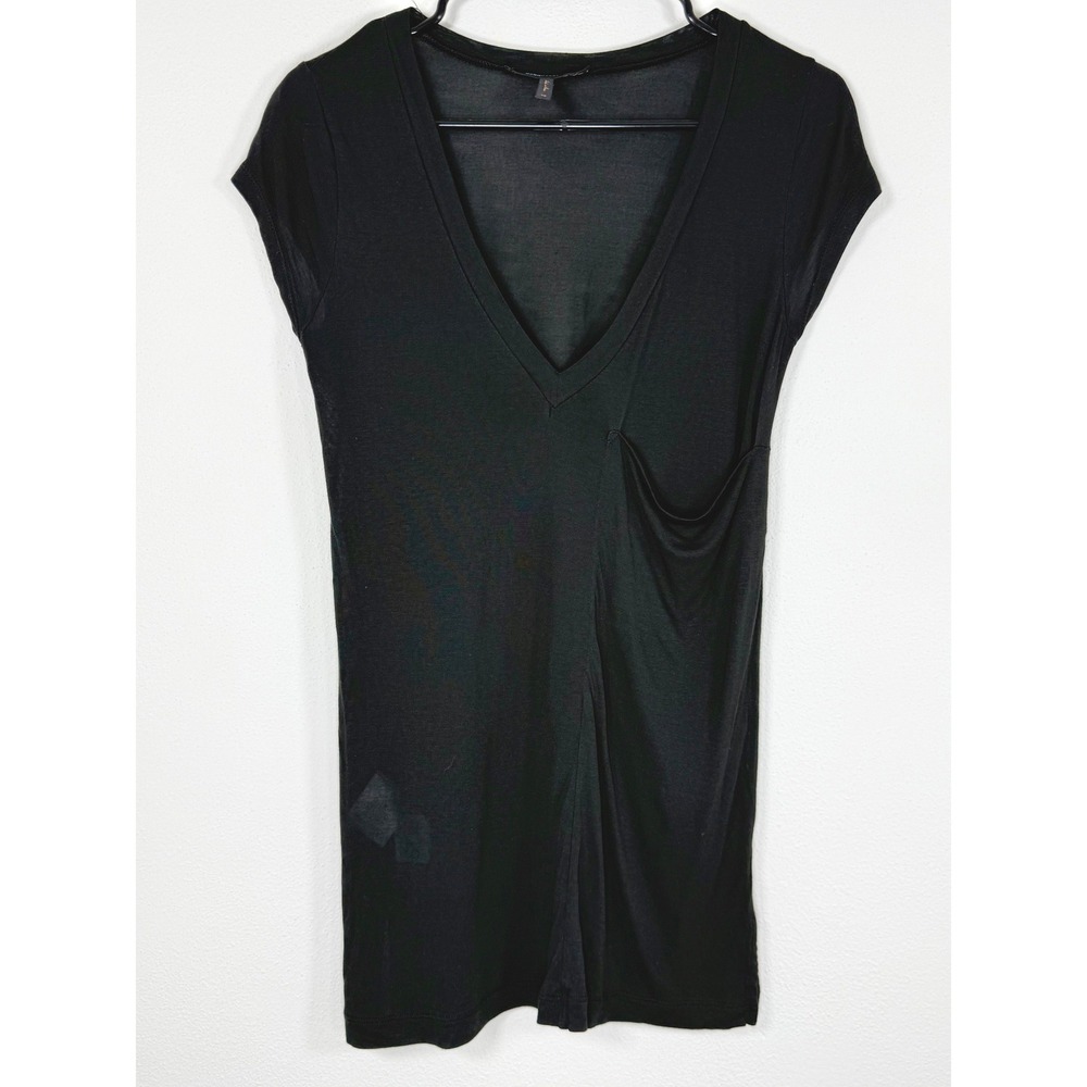 BCBG V-Neck Pocket T Women XS Black Drapey Modal Basic Lagenlook Oversized Chic